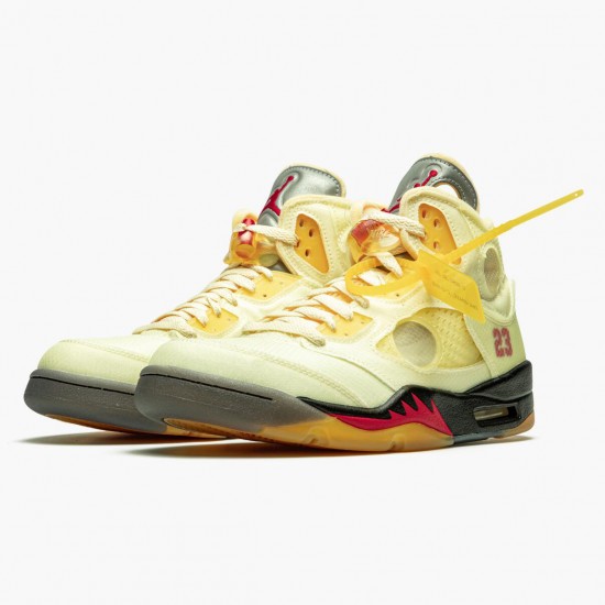 OFF-WHITE x Air Jordan 5 Retro Sail Pánské Sail/Fire Červené-Muslin-Černá DH8565 100 AJ5 Jordánské boty